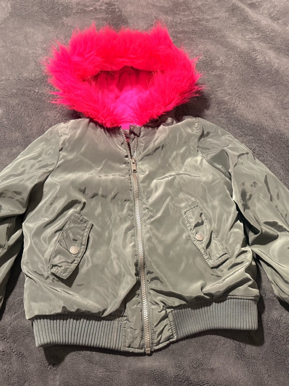 Calvin Klein Jeans Olive Bomber Jacket with Hot Pink Faux Fur Hood